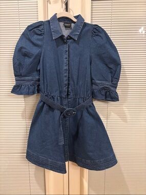 Bardot Dark Blue Denim Puff-Sleeve Shirt Dress with Belt